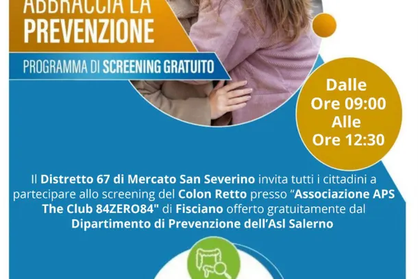 Fisciano, screening gratuito per il tumore del colon-retto: controlli il 29 ottobre per i cittadini dai 50 ai 69 anni